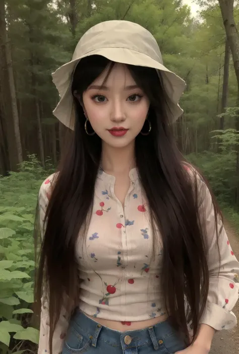 best quality, master piece
<lora:doll15:0.7>1 girl, upper_body, cowboy_shot
Cherry print blouse, High-waisted jeans, Ballet flats, Bucket hat, and cute stud earrings.
Lush forest setting