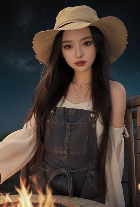 best quality, master piece
<lora:doll15:0.7>1 girl, upper_body, cowboy_shot
Puff sleeve top, Corduroy overall dress, Ankle boots, Bucket hat, and layered dainty necklaces.
Campfire under the endless void, with stars that tell tales of forgotten heroes