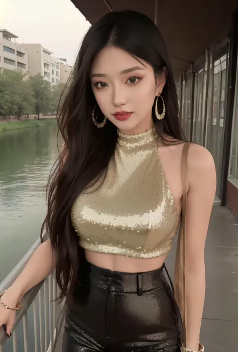 best quality, master piece
<lora:doll15:0.7>1 girl, upper_body, cowboy_shot
Sequin top, Faux leather pants, Heeled booties, Statement earrings, and cocktail ring
Quiet dock extending into a calm river