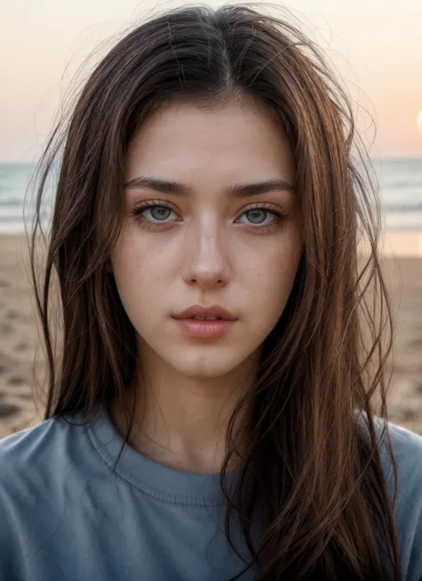 RAW Photo, DSLR, professional color graded, BREAK closeup portrait photograph of girl L3ahGott1, fcHeatPortrait, wearing shirt, ((at the beach, sunset)), sharp focus, HDR, 8K resolution, intricate detail, sophisticated detail, depth of field, analogue RAW DSLR, photorealistic, looking at viewer, <lora:detailed_eye:0.8>, <lora:L3ahGott1:0.75>  <lora:quickfix:1>