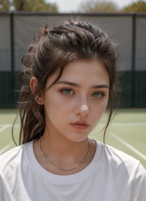RAW Photo, DSLR, professional color graded, BREAK closeup portrait photograph of girl L3ahGott1, wearing tennis shirt, ((at tennis court)), sharp focus, HDR, 8K resolution, intricate detail, sophisticated detail, depth of field, analogue RAW DSLR, photorealistic, looking at viewer, <lora:detailed_eye:0.8>, <lora:L3ahGott1:0.75> <lora:quickfix:1>