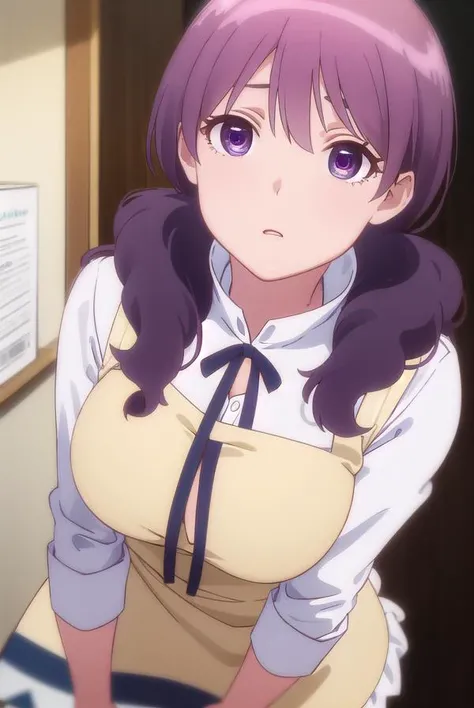 shihokamakura, <lora:shiho kamakura s1-lora-nochekaiser:1>,
shiho kamakura, long hair, twintails, purple hair, (purple eyes:1.1),
BREAK apron, waitress,
BREAK indoors, restaurant,
BREAK looking at viewer, (cowboy shot:1.5),
BREAK <lyco:GoodHands-beta2:1>, (masterpiece:1.2), best quality, high resolution, unity 8k wallpaper, (illustration:0.8), (beautiful detailed eyes:1.6), extremely detailed face, perfect lighting, extremely detailed CG, (perfect hands, perfect anatomy),