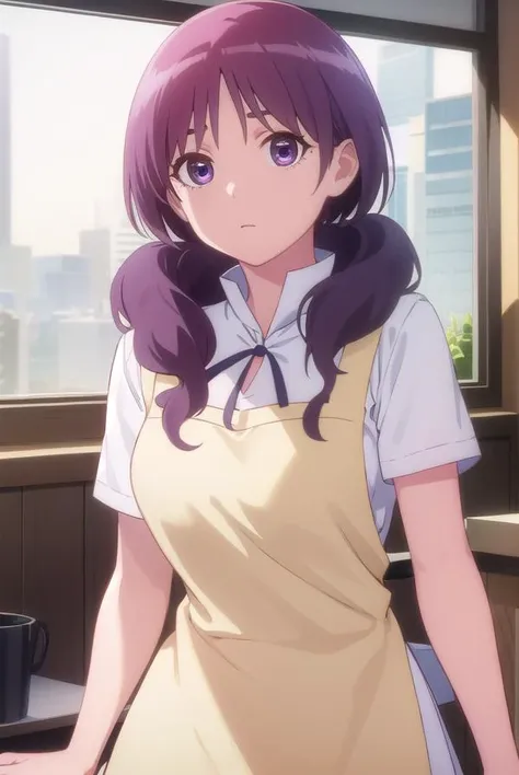 shihokamakura, <lora:shiho kamakura s1-lora-nochekaiser:1>,
shiho kamakura, long hair, twintails, purple hair, (purple eyes:1.1),
BREAK apron, waitress,
BREAK indoors, restaurant,
BREAK looking at viewer, (cowboy shot:1.5),
BREAK <lyco:GoodHands-beta2:1>, (masterpiece:1.2), best quality, high resolution, unity 8k wallpaper, (illustration:0.8), (beautiful detailed eyes:1.6), extremely detailed face, perfect lighting, extremely detailed CG, (perfect hands, perfect anatomy),