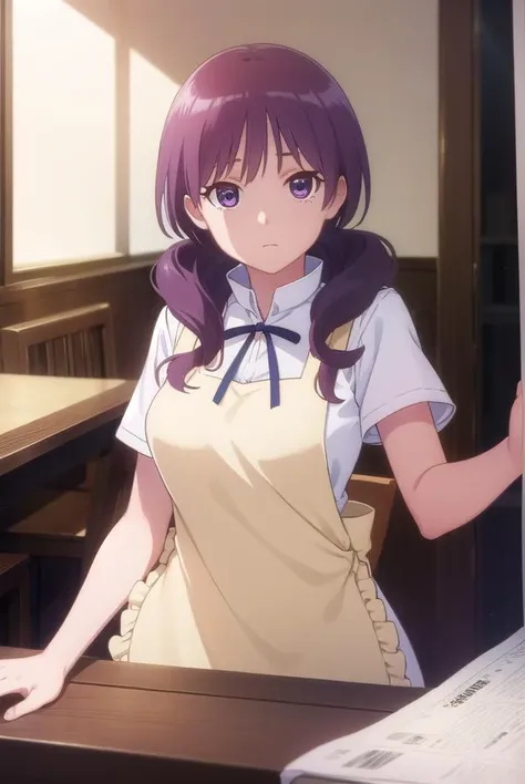 shihokamakura, <lora:shiho kamakura s1-lora-nochekaiser:1>,
shiho kamakura, long hair, twintails, purple hair, (purple eyes:1.1),
BREAK apron, waitress,
BREAK indoors, restaurant,
BREAK looking at viewer, (cowboy shot:1.5),
BREAK <lyco:GoodHands-beta2:1>, (masterpiece:1.2), best quality, high resolution, unity 8k wallpaper, (illustration:0.8), (beautiful detailed eyes:1.6), extremely detailed face, perfect lighting, extremely detailed CG, (perfect hands, perfect anatomy),