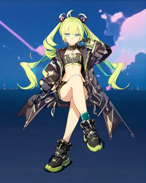 <lora:e7 MLChoux:0.9> e7 MLChoux, green hair, dynamic angle, full body, opened jacket, in cyberpunk city, crouching, spreading her legs, flat chest, small breasts,  action pose,
(masterpiece),  best quality, highres, 4k, 8k, Detailed Illustration, intricate detail, cinematic lighting, amazing quality, 1girl, fit female, amazing shading, soft lighting, facing camera, perfect eyes