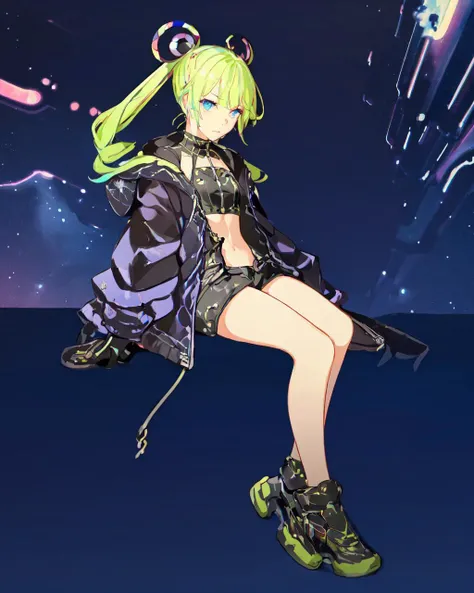 <lora:e7 MLChoux:0.8> e7 MLChoux, green hair, dynamic angle, full body, opened jacket, in cyberpunk city, sitting, spreading her legs, flat chest, small breasts,
(masterpiece), best quality, highres, 4k, 8k, Detailed Illustration, intricate detail, cinematic lighting, amazing quality, 1girl, fit female, amazing shading, soft lighting, facing camera, perfect eyes