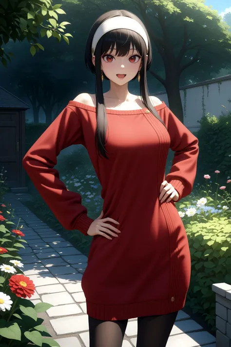 (masterpiece, best quality, very aesthetic, ultra detailed), intricate details, 4k, bbyorf, short hair with long locks, white hairband, red eyes, gold earrings, breasts, jewelry, off shoulder, red sweater, sweater dress, long sleeves, black pantyhose, <lora:yor_forger_XL_v1:0.9>, outdoors, garden, standing, cowboy shot, smile, open mouth, hand on hip,