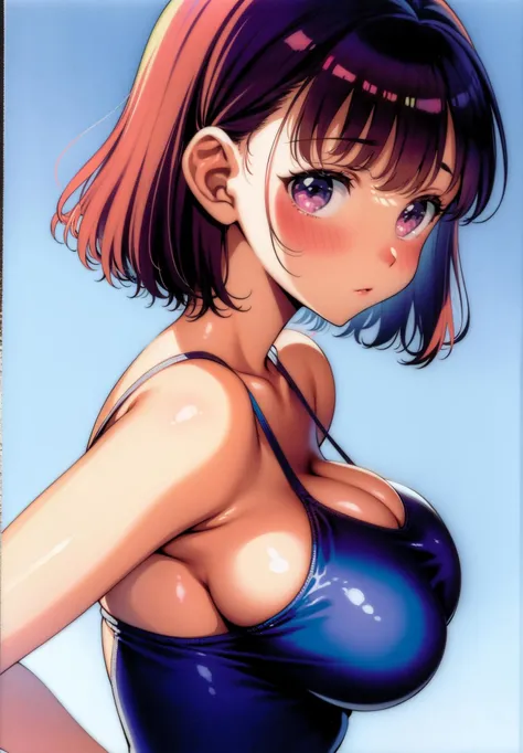 1girl, solo, nose blush, (looking at viewer), (from side)
large breasts,
one-piece swimsuit,
anime, [1990s \(style\), ]