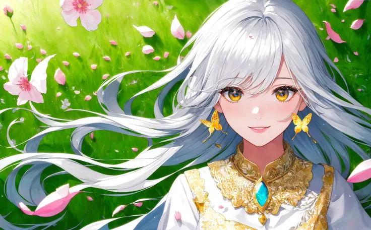 ((ink)),(water color),bloom effect,((best quality)),((world masterpiece)),((illustration)),(white_hair),(gold_eye),(((1girl))),(beautiful detailed girl),golden_eye,((extremely_detailed_eyes_and_face)),long_hair,detailed,detailed_beautiful_grassland_with_petal,flower,butterfly,necklace,smile,petal,(silver_bracelet),(((surrounded_by_heavy_floating_petal_flow)))