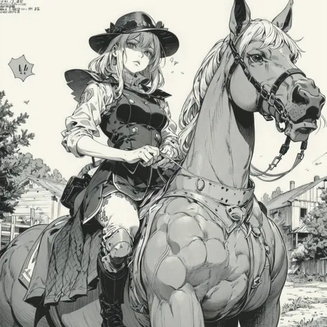 Raw,illustration,(muted color,partially colored:0.8),(hatching \(texture\)),detailed linear hatching,official art,recolored,flat color,1 girl,bangs,riding horse,<lora:STEELBALLRUNComicStyle:0.5>,