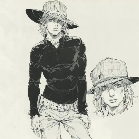 Raw,illustration,(muted color,partially colored:0.8),(hatching \(texture\)),detailed linear hatching,official art,recolored,flat color,1 boy,hat,cowboy,<lora:STEELBALLRUNComicStyle:0.8>,