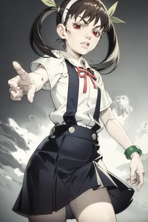 <lora:STEELBALLRUNComicStyle-000040:0.8:lbw=outall>fighting stance, 
<lora:hachikuji-mayoi-v1:0.8>hachikuji01,
long hair, brown hair, red eyes, flat chest, twintails, hair ribbon, white hairband, school uniform, skirt, shirt, ribbon, green bracelet, white shirt, short sleeves, blue skirt, suspenders, suspender skirt, star \(symbol\), (best quality:1.3),1girl,<lora:GoodHands-beta2:1>,