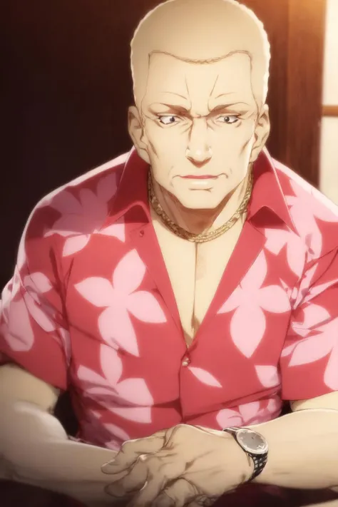 <lora:STEELBALLRUNComicStyle:0.8:lbw=outall>looking at viewer,
<lora:teppei_lora_lion_dim64_flat2d_repeats-2:0.7>houjouteppei,
middle-aged man, old man, red and pink hawaiian shirt, blonde hair, black eyes, short sleeves, white pants, necklace, wristwatch, cleft chin, (best quality, masterpiece:1.3)
