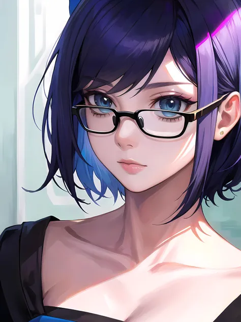(masterpiece:1.3), (absurdres:1.3), (best quality:1.3), (8K), (large masterpiece digital art), (detailed manga illustration), (handled hair), perfect anatomy, (sharp eyeliner, eyeshadow, detailed eyes:1.1), (intricate details:1.3), (ultra-detailed:1.3), (illustration:1.3), (sharp focus:1.3), (natural lighting:1.05), (vivid colors:1.3), BREAK <lora:aChanHololive_v1:0.7>, a-chan, dark blue hair, blue eyes, glasses, short hair, asymmetrical bangs, Flat chest, blue hair ribbon