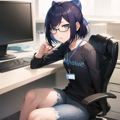 2d, masterpiece, best quality, anime, highly detailed face, highly detailed eyes, highly detailed background, perfect lighting, full body, 1girl, solo, a-chan, office, office chair, computer, monitor, black shirt, logo, id card, jeans <lora:a-chan-10-v1.1:1>