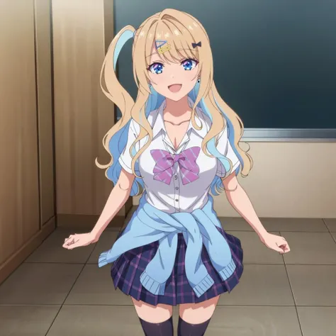 masterpiece,highres,high quality,extremely detailed,solo,
<lora:RunaShirakawa001:0.7>,looking at viewer,smile,open mouth,
RunaShirakawa,1girl,
one side up,side ponytail,
wavy hair,
hair ornament,hairclip,
stud earrings,
school uniform,collared shirt,short sleeves,loose bowtie,
sweater around waist,
pleated skirt,
zettai ryouiki,thighhighs,
