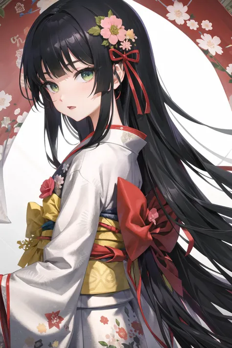 1girl, solo, japanese clothes, black hair, black kimono, kimono, long hair, green eyes,looking at viewer, bangs, sash, obi, holding, closed mouth, ribbon, colored inner hair, long sleeves,  blunt bangs, hair ribbon, upper body, red hair, wide sleeves, print kimono, red ribbon, holding flower, white flower, blush, very long hair, yellow sash, straight hairrenge