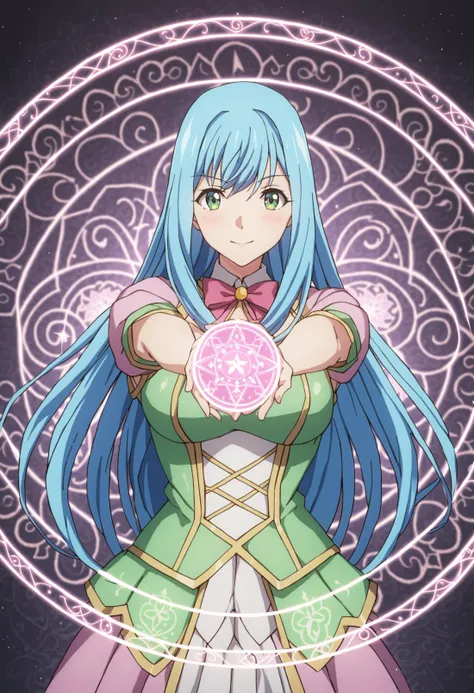 sysdeep_sicily, 1girl, solo, long_hair, breasts, looking_at_viewer, large_breasts, green_eyes, blue_hair, magical_girl, magic, healing, magic_circle, <lora:Sicily von Claude - [Kenja no Mago] - SDXL Version 1:1>