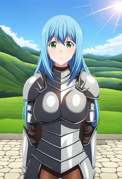 sysdeep_sicily, 1girl, solo, long hair, looking at viewer, breasts, green eyes, large breasts, blue hair, knight, metal armor, outdoors, on hill, castle, day, sun, lens flare, reflection in armor, shiny, <lora:Sicily von Claude - [Kenja no Mago] - Pony Version 1:1>