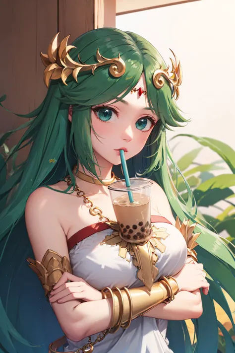 (masterpiece, best quality:1.2), <lyco:kidicarus_palutena-15:1.0>, <lyco:concept_bubbleteachallenge-16:1.0>, solo, 1girl, palutena, bubble tea challenge, drinking straw, crossed arms, forehead jewel, tiara, strapless dress, jewelry, necklace, bare shoulders, large breasts