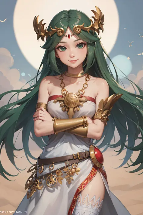 (masterpiece, best quality:1.2), <lyco:kidicarus_palutena-15:1.0>, cowboy shot, solo, 1girl, palutena, smile, looking at viewer, crossed arms, forehead jewel, tiara, strapless dress, side slit, single thighhigh, jewelry, necklace, bare shoulders