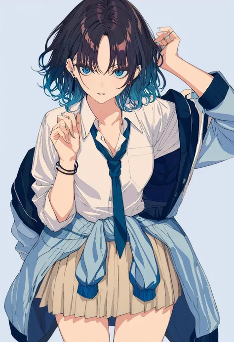 masterpiece, best quality, <lora:BARD713XL_V1:1> 1girl, solo, asakura toru, necktie, shirt, looking at viewer, multicolored hair, clothes around waist, short hair, skirt, jewelry, white shirt, blue hair, simple background, school uniform, jacket, pleated skirt, earrings, white background, bracelet, bangs, black hair, blue eyes, jacket around waist, parted bangs, loose necktie, ear piercing, collared shirt, gradient hair, blue jacket