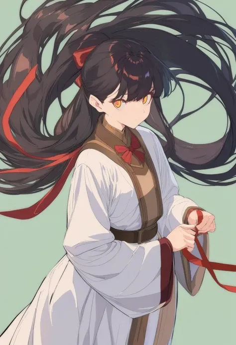 masterpiece, best quality, <lora:BARD713XL_V1:1> 1girl, solo, long hair, looking at viewer, long sleeves, simple background, ribbon, wide sleeves, belt, very long hair, bangs, closed mouth, dress, brown belt, red ribbon, green background, orange eyes, floating hair, holding ribbon, upper body, black hair, multicolored eyes