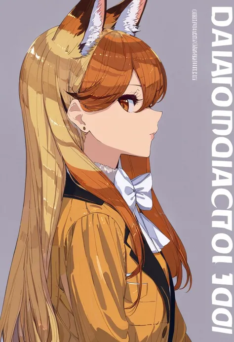 masterpiece, best quality, <lora:BARD713XL_V1:1> 1girl, animal ears, solo, long hair, ezo red fox \(kemono friends\), fox ears, extra ears, white bowtie, bow, white bow, looking at viewer, upper body, blonde hair, bowtie, jacket, animal ear fluff, orange hair, profile, orange jacket, long sleeves, orange eyes, character name