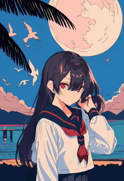 masterpiece, best quality, <lora:BARD713XL_V1:1> 1girl, red eyes, long hair, black hair, school uniform, skirt, solo, moon, neckerchief, serafuku, long sleeves, sailor collar, red neckerchief, black skirt, shirt, hair between eyes, pleated skirt, outdoors, black sailor collar, cloud, white shirt, bird, sky, looking at viewer, closed mouth, hand up, tree, full moon, hand in own hair, bangs