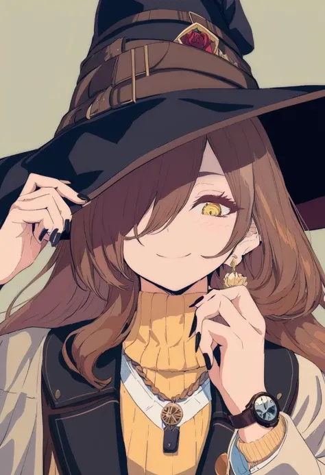 masterpiece, best quality, <lora:BARD713XL_V1:1> 1girl, hat, solo, brown hair, watch, earrings, jewelry, smile, looking at viewer, long hair, wristwatch, yellow eyes, black headwear, witch hat, sweater, black nails, hair over one eye, one eye covered, upper body, rose, nail polish, flower, hand on headwear, turtleneck, jacket, long sleeves, bug, closed mouth