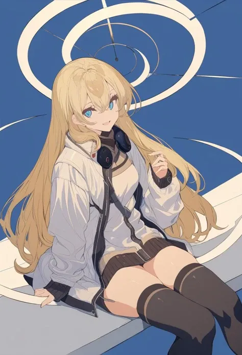 masterpiece, best quality, <lora:BARD713XL_V1:1> solo, 1girl, blue eyes, long hair, jacket, thighhighs, blonde hair, looking at viewer, halo, black thighhighs, long sleeves, smile, open mouth, bangs, open clothes, hair between eyes, white jacket, sitting, open jacket, feet out of frame, hand up, blue background