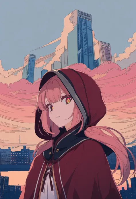 masterpiece, best quality, <lora:BARD713XL_V1:1> 1girl, solo, virtual youtuber, hood, pink hair, multicolored eyes, long hair, hood up, sky, cloud, upper body, long sleeves, outdoors, looking at viewer, building, twintails, capelet, hooded capelet, cloudy sky, yellow pupils, low twintails, blue sky, flat color, bangs, parted lips