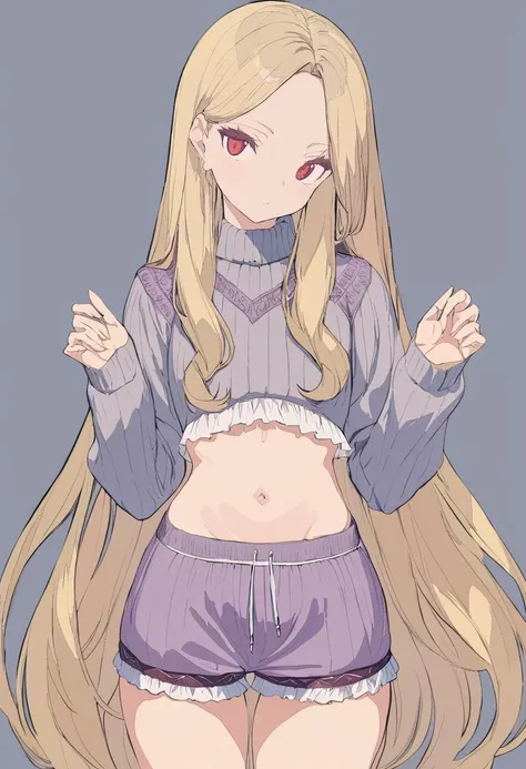 masterpiece, best quality, <lora:BARD713XL_V1:1> 1girl, long hair, solo, simple background, red eyes, very long hair, grey background, looking at viewer, shorts, purple shorts, blonde hair, cowboy shot, midriff, navel, long sleeves, sweater, frills, parted bangs, hands up