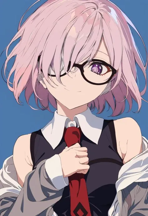 masterpiece, best quality, <lora:BARD713XL_V1:1> 1girl, solo, mash kyrielight, glasses, necktie, purple eyes, hair over one eye, red necktie, smile, short hair, looking at viewer, upper body, blue background, jacket, closed mouth, simple background, sleeveless, off shoulder, bare shoulders, black-framed eyewear, purple hair, dress, black dress, pink hair, grey jacket