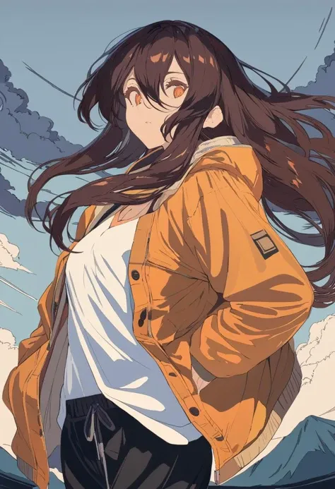 masterpiece, best quality, <lora:BARD713XL_V1:1> 1girl, solo, long hair, cloud, jacket, sky, cloudy sky, orange eyes, hair between eyes, upper body, looking at viewer, brown hair, outdoors, shirt, long sleeves, open jacket, black hair, hood, orange jacket, open clothes, hooded jacket