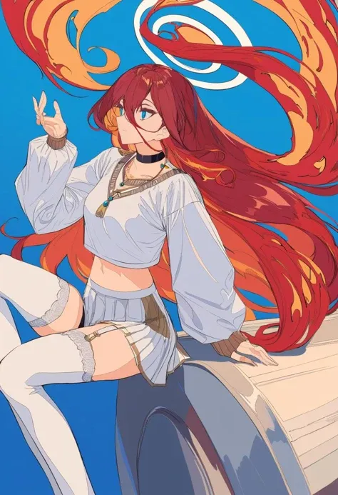 masterpiece, best quality, <lora:BARD713XL_V1:1> 1girl, solo, long hair, long sleeves, red hair, skirt, halo, fiery hair, thighhighs, floating hair, midriff, blue eyes, puffy long sleeves, white shirt, holding, fire, shirt, very long hair, garter straps, choker, orange hair, puffy sleeves, crop top, fishnets, sleeves past wrists, hand up, sitting, white skirt, hair between eyes, bangs, jewelry, necklace, pleated skirt, shorts