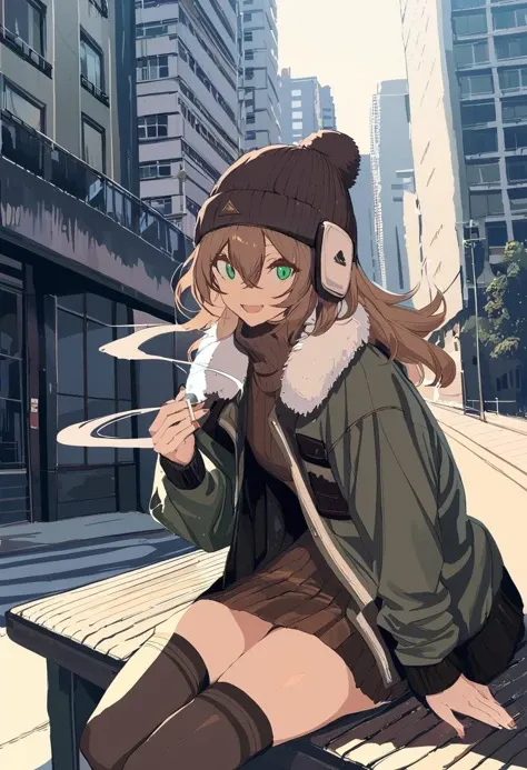 masterpiece, best quality, <lora:BARD713XL_V1:1> 1girl, solo, thighhighs, jacket, sitting, smoke, brown hair, looking at viewer, holding, open mouth, hat, holding cigarette, outdoors, black thighhighs, fur trim, beanie, long sleeves, hair between eyes, green eyes, medium hair, cigarette, smile, skirt, bangs, smoking, turtleneck, building