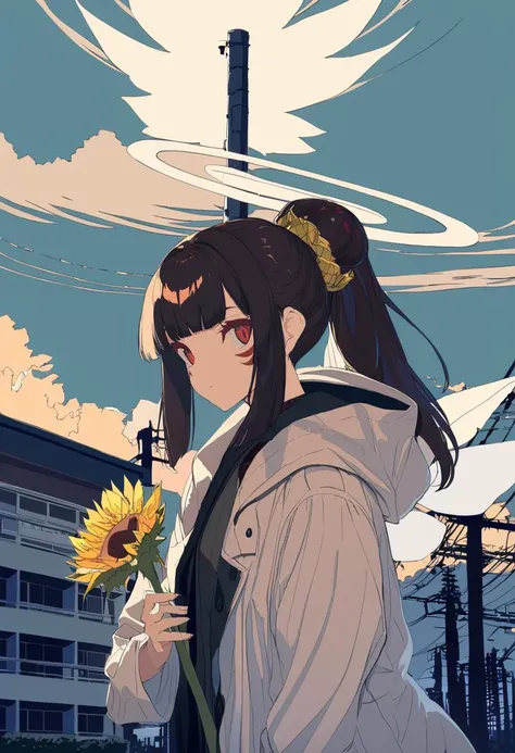 masterpiece, best quality, <lora:BARD713XL_V1:1> 1girl, solo, red eyes, outdoors, holding flower, power lines, holding, wings, sky, cloud, looking at viewer, coat, bangs, ponytail, halo, building, blunt bangs, flower, long sleeves, facial mark, hood down, white coat, long hair, open coat, closed mouth, hood, cloudy sky, sunflower, upper body, hair bun, single hair bun, utility pole, hooded coat, hair ornament, yellow flower, forehead mark, sidelocks, open clothes