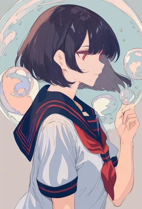 masterpiece, best quality, <lora:BARD713XL_V1:1> 1girl, solo, red eyes, black hair, black sailor collar, bubble, serafuku, school uniform, holding, short hair, sailor collar, parted lips, bangs, upper body, from side, hand up, shirt, flat color