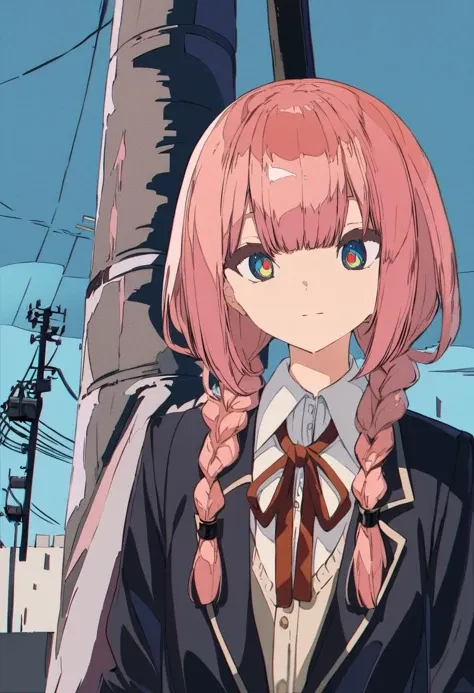 masterpiece, best quality, <lora:BARD713XL_V1:1> 1girl, solo, pink hair, virtual youtuber, braid, twin braids, yellow pupils, jacket, upper body, red ribbon, neck ribbon, shirt, ribbon, outdoors, white shirt, long hair, collared shirt, power lines, glitch, blazer, bangs, closed mouth, blue eyes, long sleeves, utility pole, multicolored eyes, bag, school uniform, low twin braids, film grain, sky, twintails, expressionless, black jacket