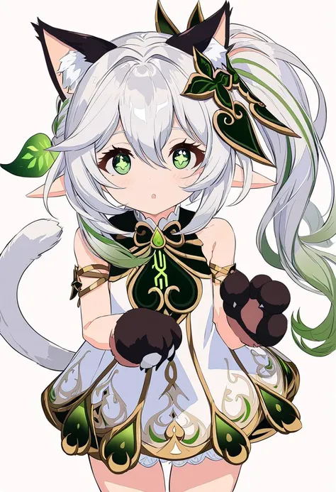 masterpiece, best quality, <lora:BARD713XL_V1:1> nahida \(genshin impact\), 1girl, animal ears, animal hands, solo, cat ears, paw gloves, green eyes, gloves, dress, white hair, multicolored hair, side ponytail, white dress, looking at viewer, blush, hair ornament, gradient hair, animal ear fluff, leaf hair ornament, sleeveless, cat tail, tail, cross-shaped pupils, sleeveless dress, long hair, bangs, symbol-shaped pupils, white background, green hair, parted lips, :o, kemonomimi mode, cat girl, hair between eyes, simple background, pointy ears, bare shoulders
