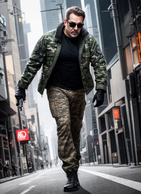 ultra realistic photograph, RAW professional photograph, (a middle-aged man), camouflage jacket and camouflage pants, sunglasses, black gloves, dynamic action angle, holding a pistol, solo character sharp focus, cyberpunk futuristic urban, intense deep shadows