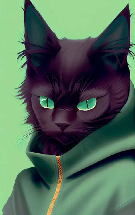 portrait <lora:meowhoodLora_v15:1> a black cat wearing a blue black hoodie with green eyes and green eyes