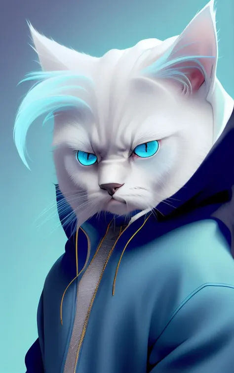 portrait <lora:meowhoodLora_v15:1> a white cat wearing a blue black with blue eyes and blue eyes,looking angry,hoodie