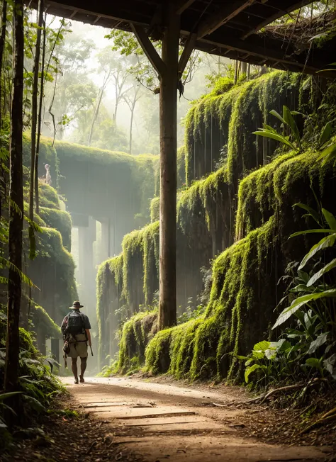 ultra realistic photograph, RAW professional photograph, a Victorian adventurer, on an expedition to the dangerous Amazon in 1900, lush wildlife, lost temple, fantasy, intricate, elegant, highly detailed, sharp focus, radiant light