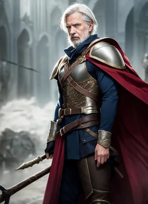 ultra realistic photograph, RAW professional photograph, 1boy, dynamic scene, armor, short beard, fierce,belt, blue eyes, cape, , gauntlets,  old_man, solo, spear, warrior, weapon, white hair, intricate, dark fantasy, 8k, highly detailed