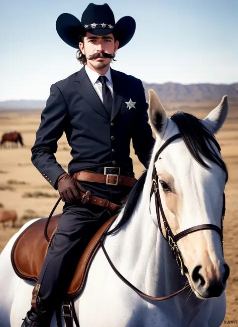 ultra realistic photograph, RAW photograph, 1boy, animal, horse, facial_hair, gloves, hat, horse, male_focus, sheriff, wild west, gunslinger, mustache, reins, young man riding, saddle, western, western desert background, blurry, solo