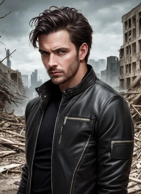 ultra realistic photograph, RAW professional photograph,  1boy, portrait of a tough guy, wearing a biker jacket, look at the viewer, intricate, elegant, highly detailed, arrogant, zombie post apocalypses city ruins background, highly detailed, 8k