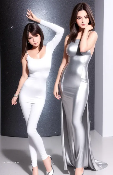 (photograph), (photographic:1.1), (photogenic:1.1) full length body (centered) of brunette supermodel in silver clothes, (best quality), round pupil