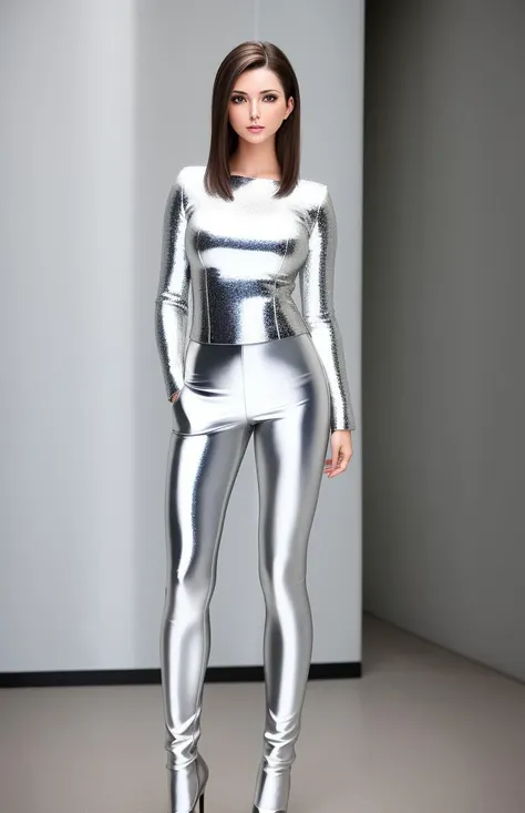 (photograph), (photographic:1.1), (photogenic:1.1) full length body (centered) of brunette supermodel in silver clothes, (best quality), round pupil